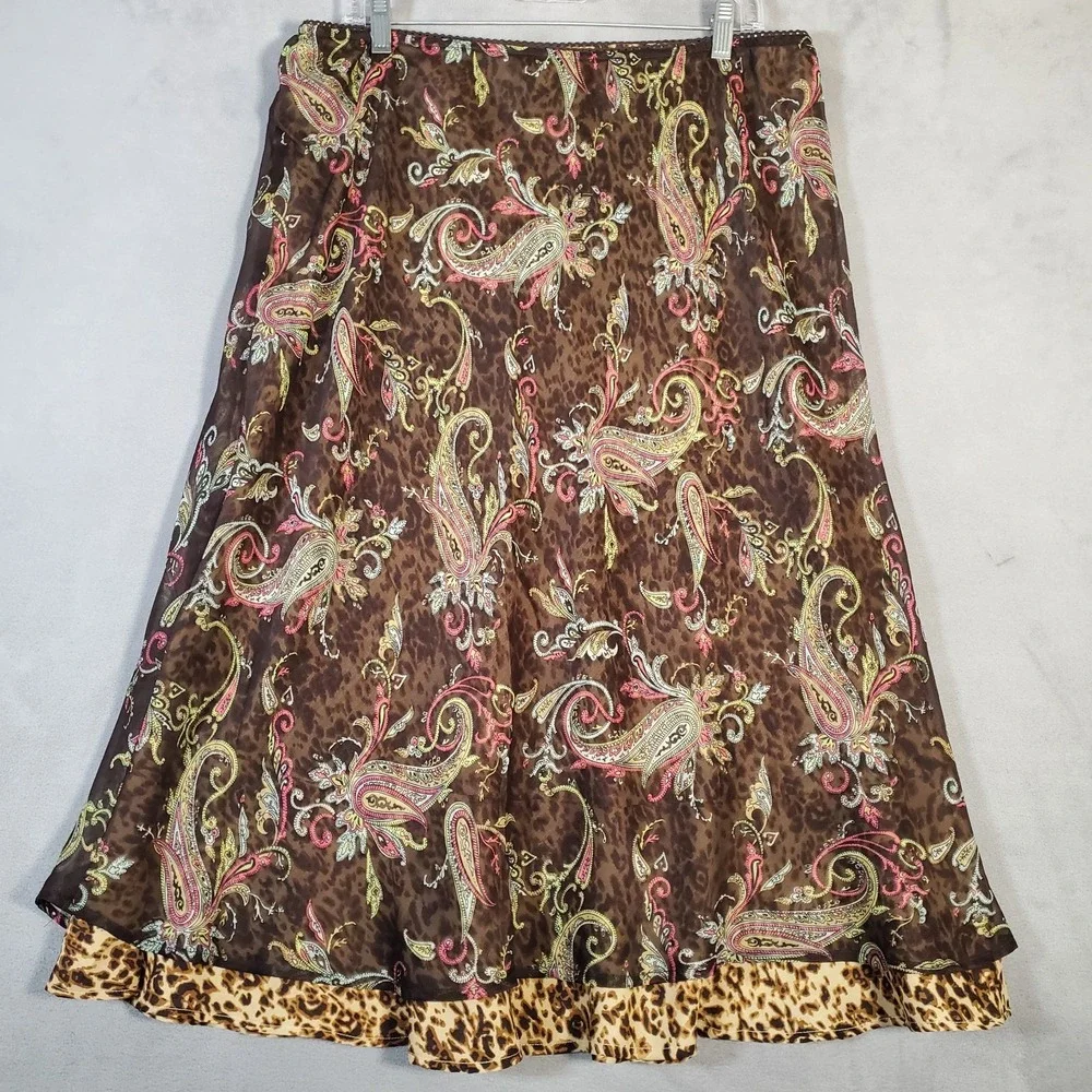 Style & Co Skirt Womens 16 Brown Paisley Animal Print‎ Tiered Earthy Fairycore